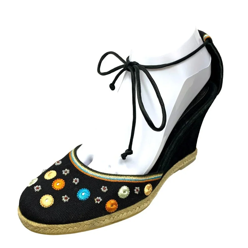 VIA SPIGA Grace Canvas Suede‎ Ankle Tie Espadrille Wedges **NWOB